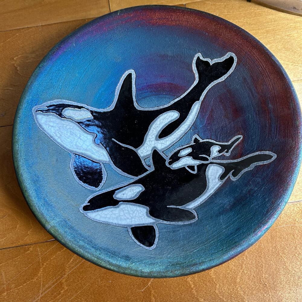 NWT Jeremy Diller Raku Pottery Plate Bowl 3 Killer Whales iridescent handmade